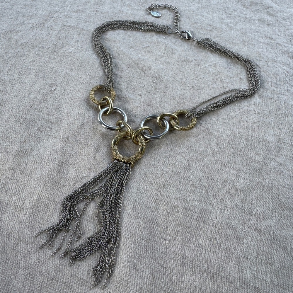 Bijoux Terner Necklace Gold Silver Mixed Metal Tassel Multi Strand Chain Boho